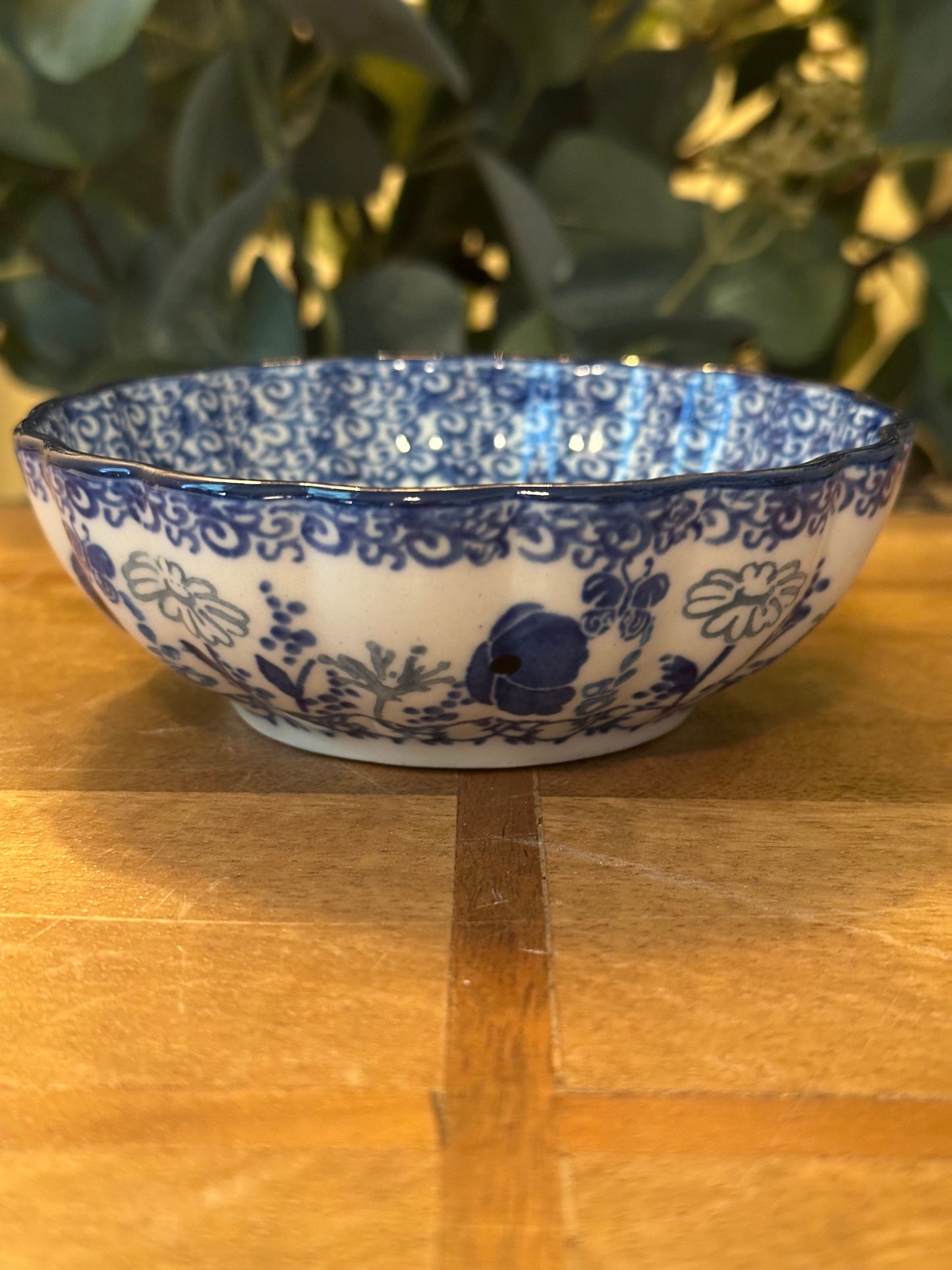 Ceramika Artystyczna Polish Pottery, Blue Poppy with Butterfly Small Scalloped Bowl