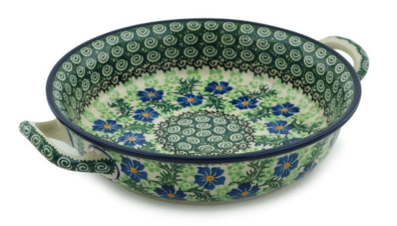 Ceramika Artystyczna, Swirling Emeralds, Medium Round Baker with Handles