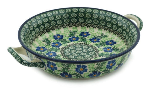 Ceramika Artystyczna, Swirling Emeralds, Medium Round Baker with Handles