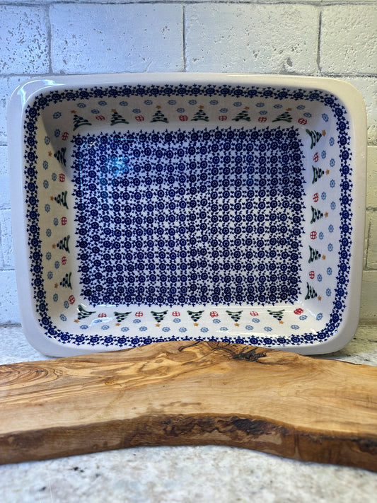 Manufaktura Polish Pottery, Snowflakes, Trees, & Presents, Large Rectangular Baker