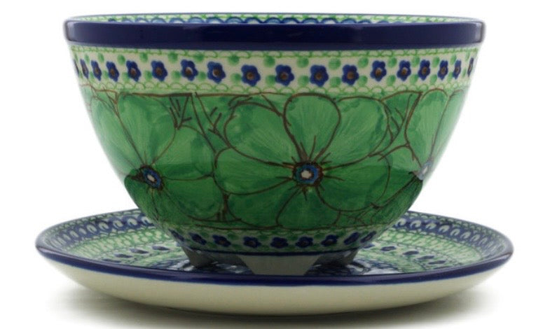 Ceramika Artystyczna,  Green Pansies, Colander with Plate
