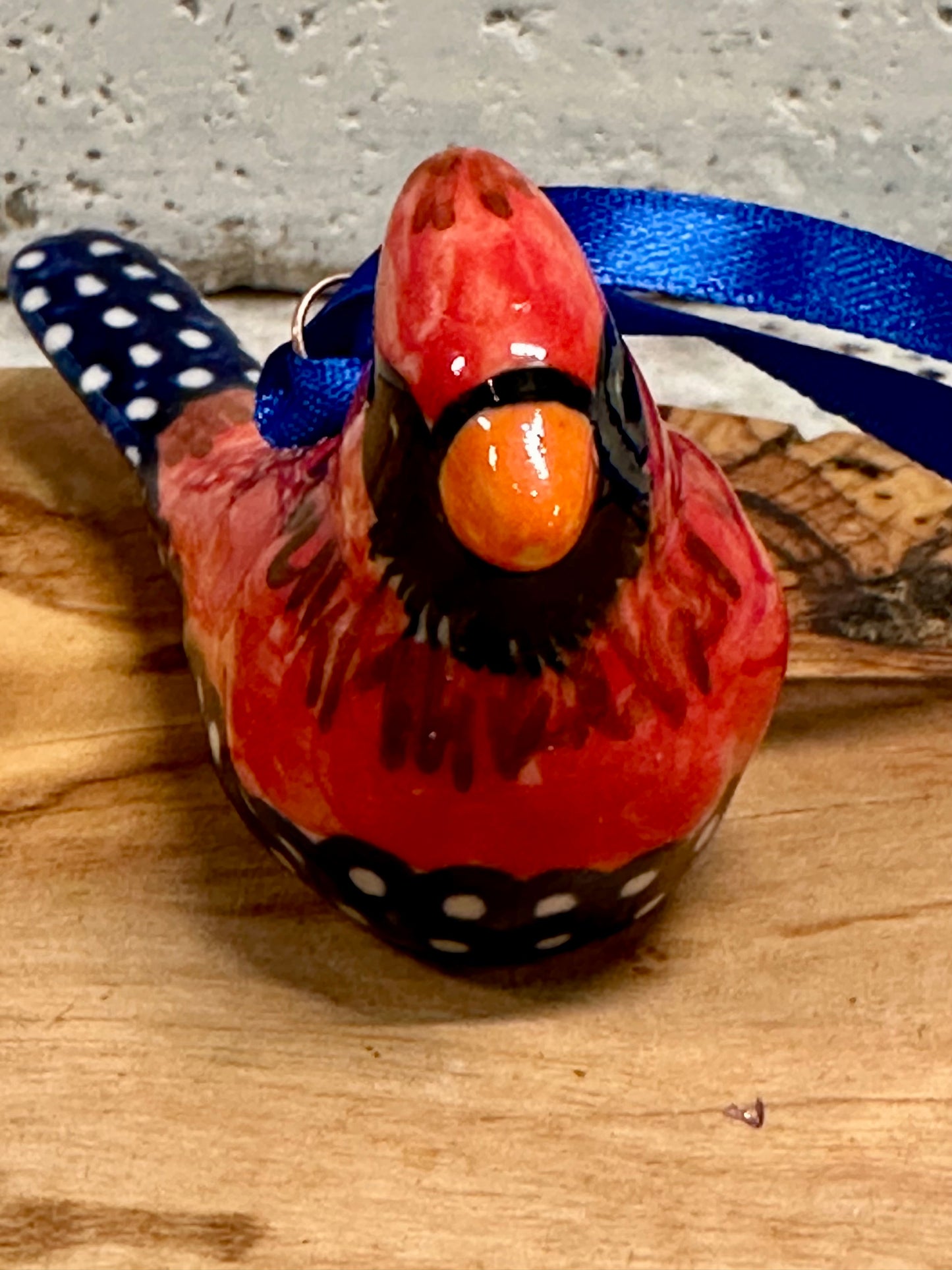 Kalich, Cardinal, Blue Tail with White Polka Dots, Bird Ornament