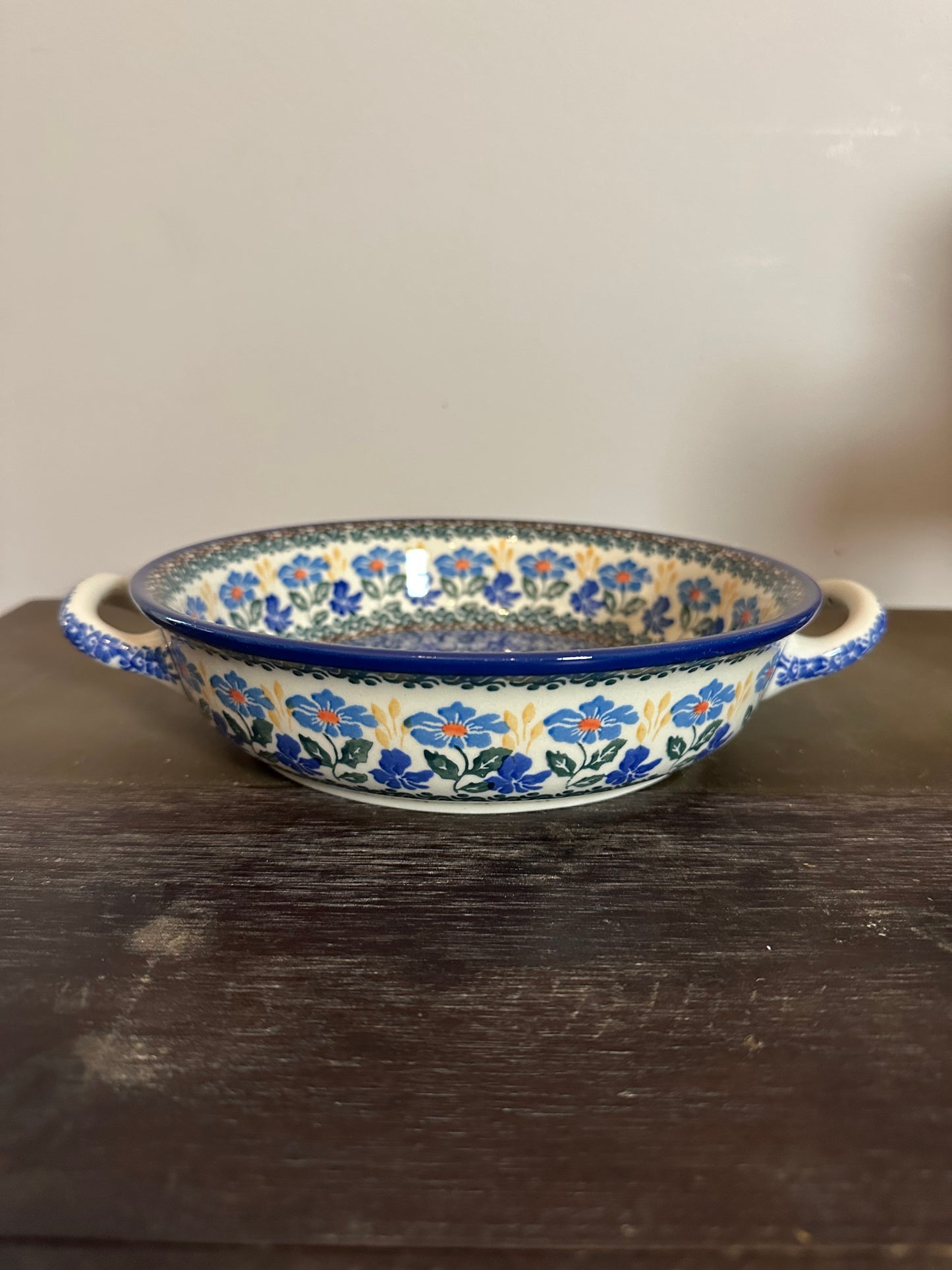 Ceramika Artystyczna, Blue Forget Me Nots, Medium Round Handled, Baker/Bowl