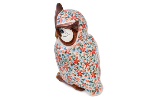 Andy Polish Pottery, Floral Frenzy, Owl Figurine, 9"