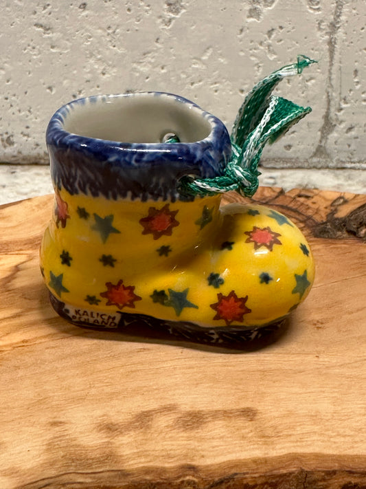 Kalich Polish Pottery, Yellow with Red Stars Boot Ornament