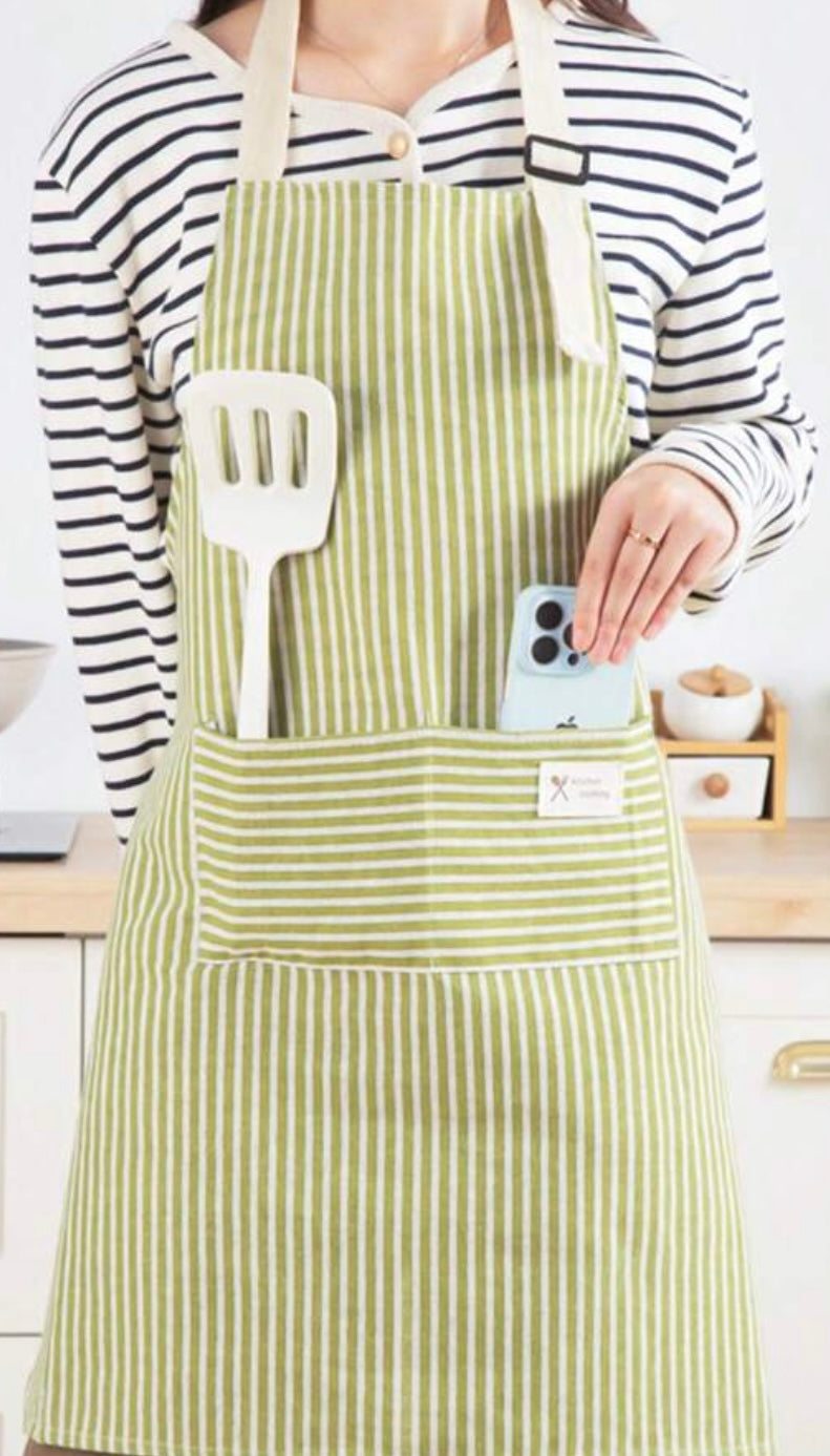 Adjustable Colorful Striped Green Apron with Pocket for Men and Women