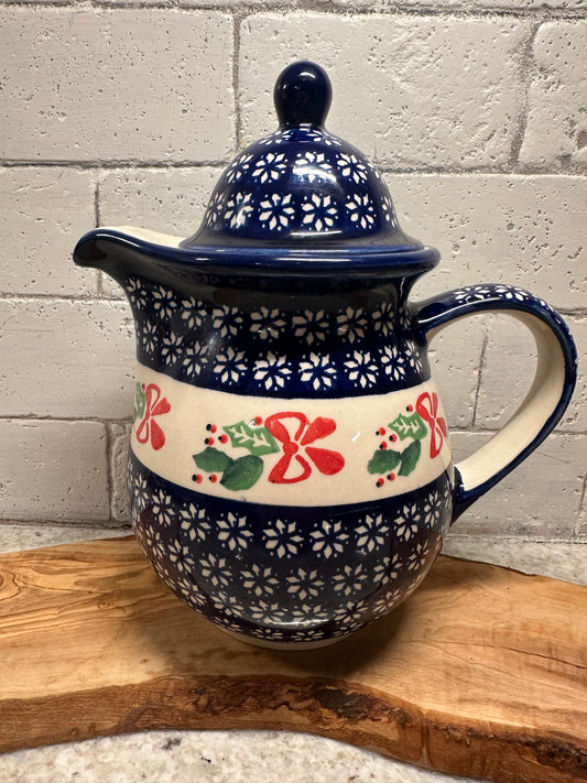 Zaklady Polish Pottery, Red Ribbon & Holly,  Tea/Coffee Pot
