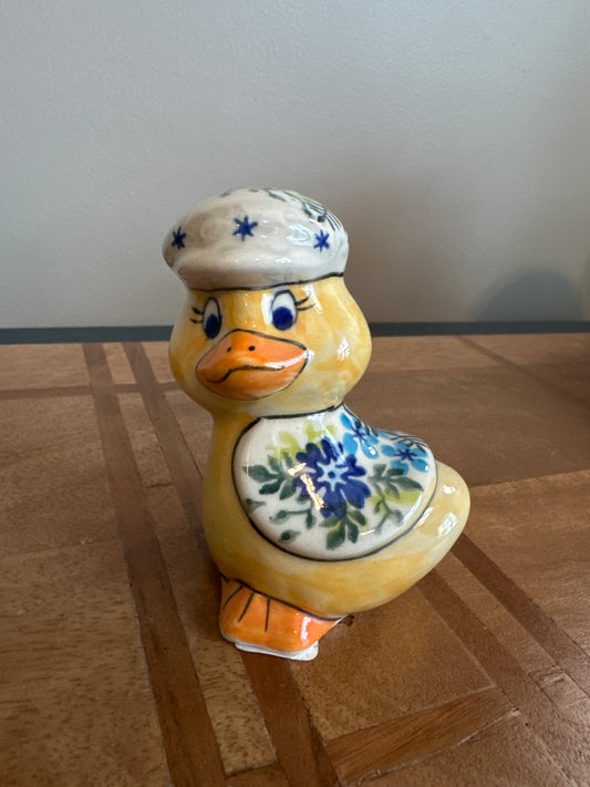 Vena Polish Pottery Purple and Blue Garden Duck with Mushroom Hat Figurine