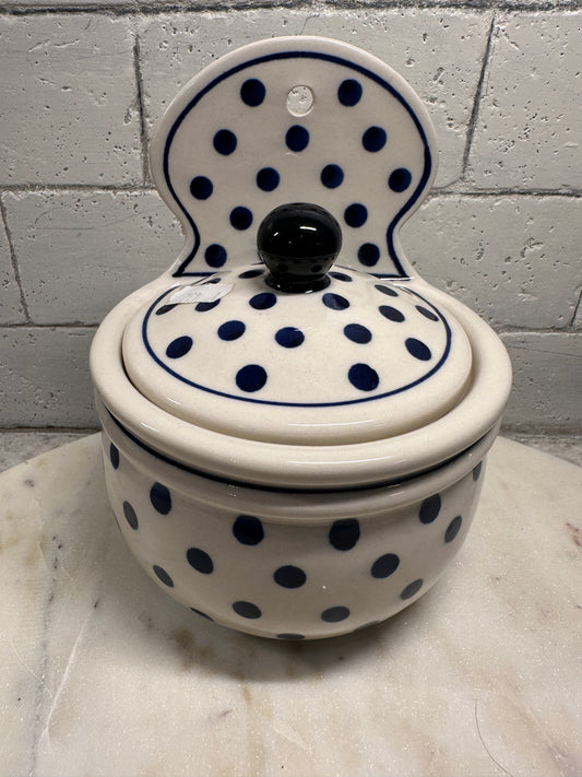 Zaklady Polish Pottery, Blue Polka Dot, Hanging Salt Cellar