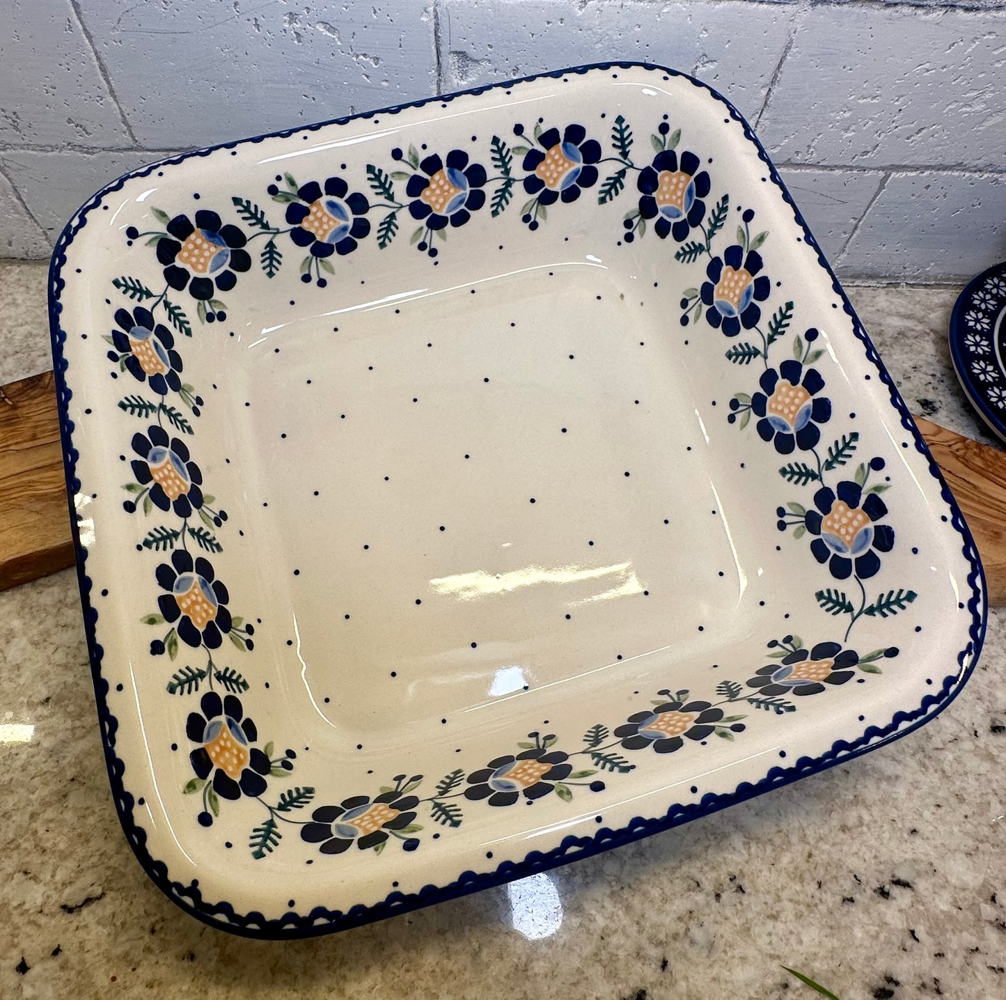 Manufaktura, Sunflower/Orange & Blue Flower, Large Square Baker 11.5"