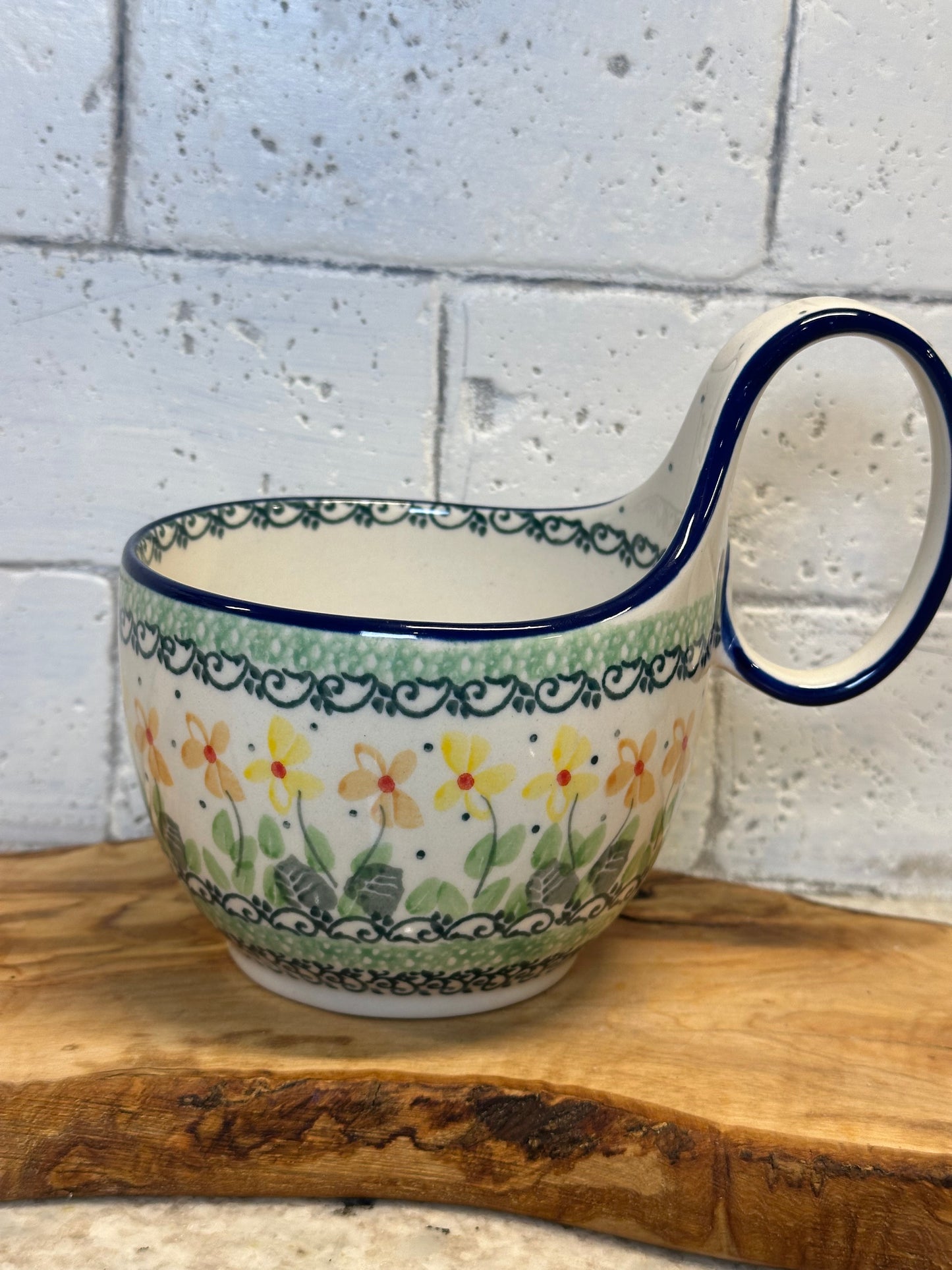 Ceramika Artystyczna, Spring Yellow/Orange Flowers w/Green, Loop/Soup Mug