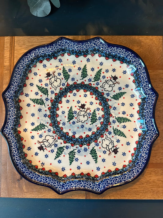 Ceramika Artystyczna Polish Pottery, Unikat Dancing Snowman, 8 Point Plate