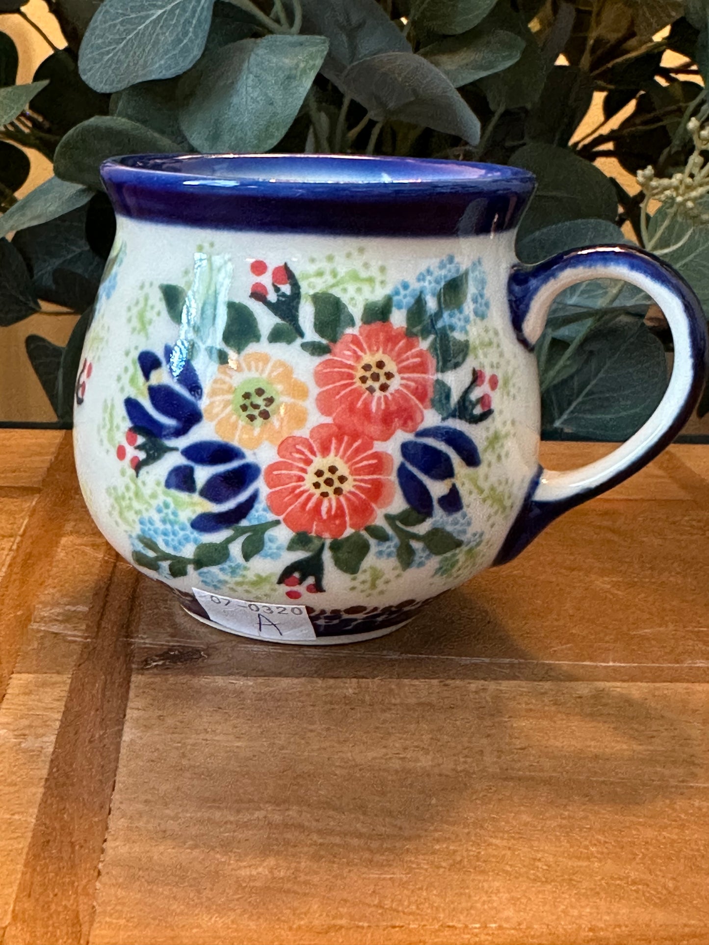 Kalich Polish Pottery, Art Level 1, Orange & Red Flower, 8oz Bubble Mug