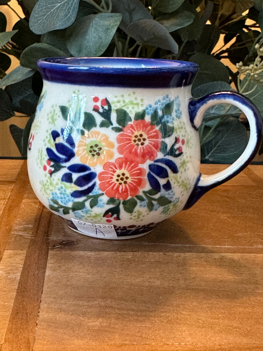 Kalich Polish Pottery, Art Level 1, Orange & Red Flower, 8oz Bubble Mug