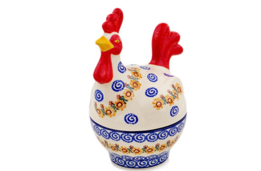 Ceramika Artystyczna Polish Pottery, Rustic Sunflower Chain, Covered Chicken Jar
