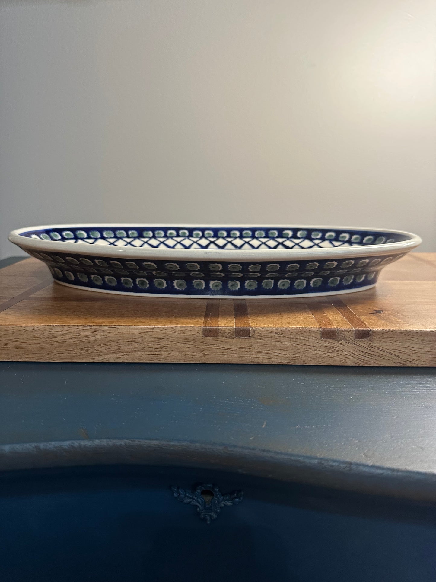 Zaklady Polish Pottery, X Green Dot Large Platter