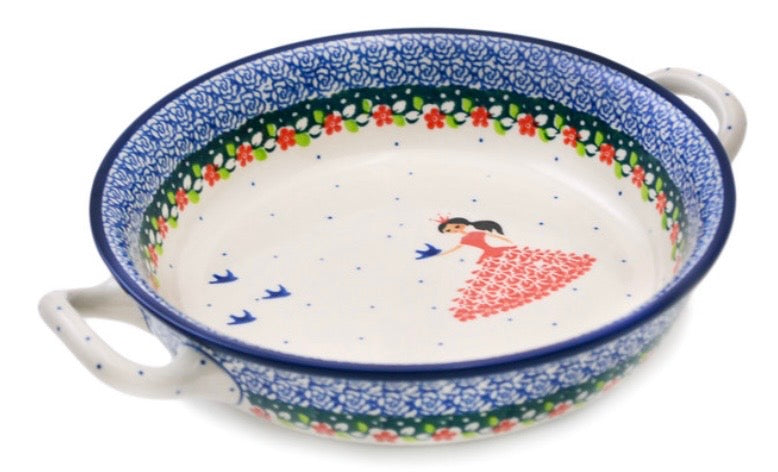 Ceramika Artystyczna, Bird Princess, Medium Round Baker with Handles