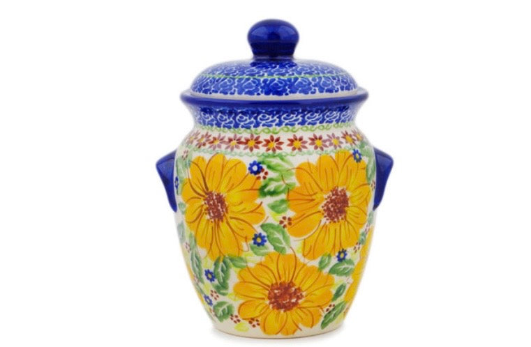 Ceramika Bona, Unikat Sunflower Yellow Petal Bliss, Jar with Lid and Handles