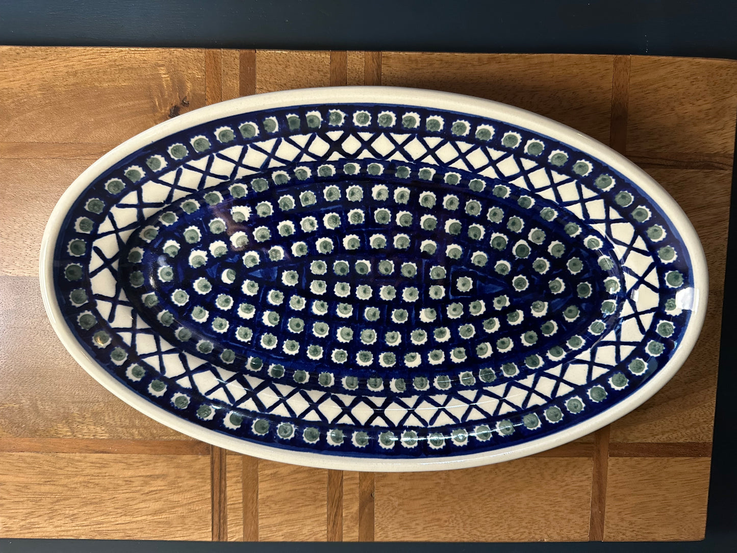 Zaklady Polish Pottery, X Green Dot Large Platter