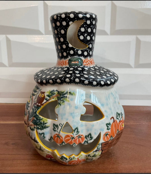 Vena Polish Pottery,  Pumpkin Patch and Owl Flat Hat Luminary Pumpkin