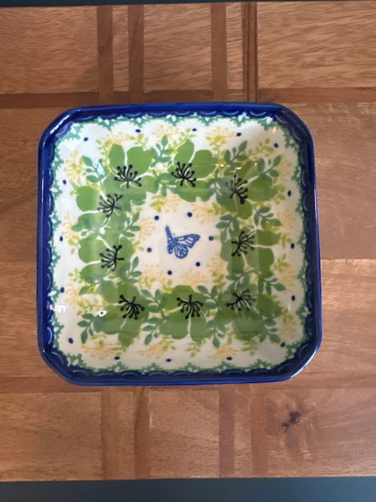 Kalich Polish Pottery Green Floral and Butterfly Square Bowl