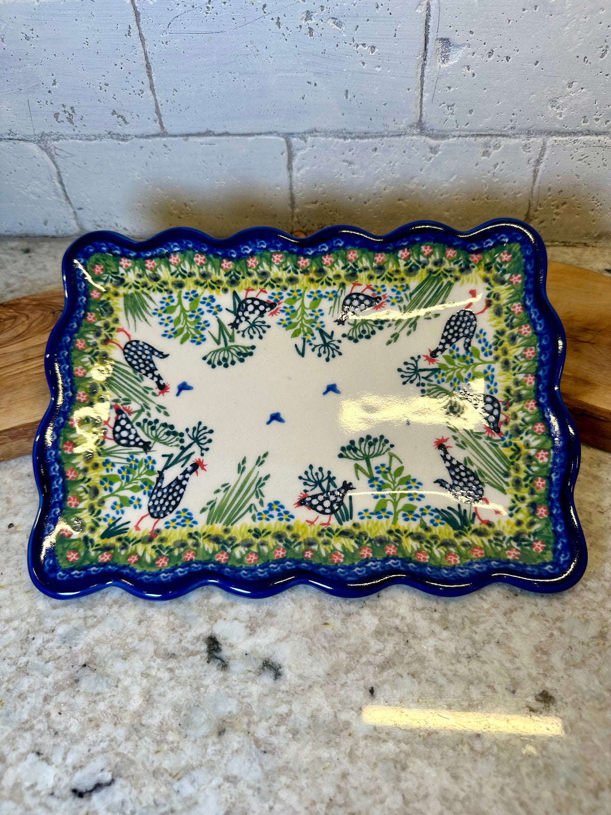 Kalich, A1, Black Polka Chicken, Ruffled Rectangular Platter 9.75"