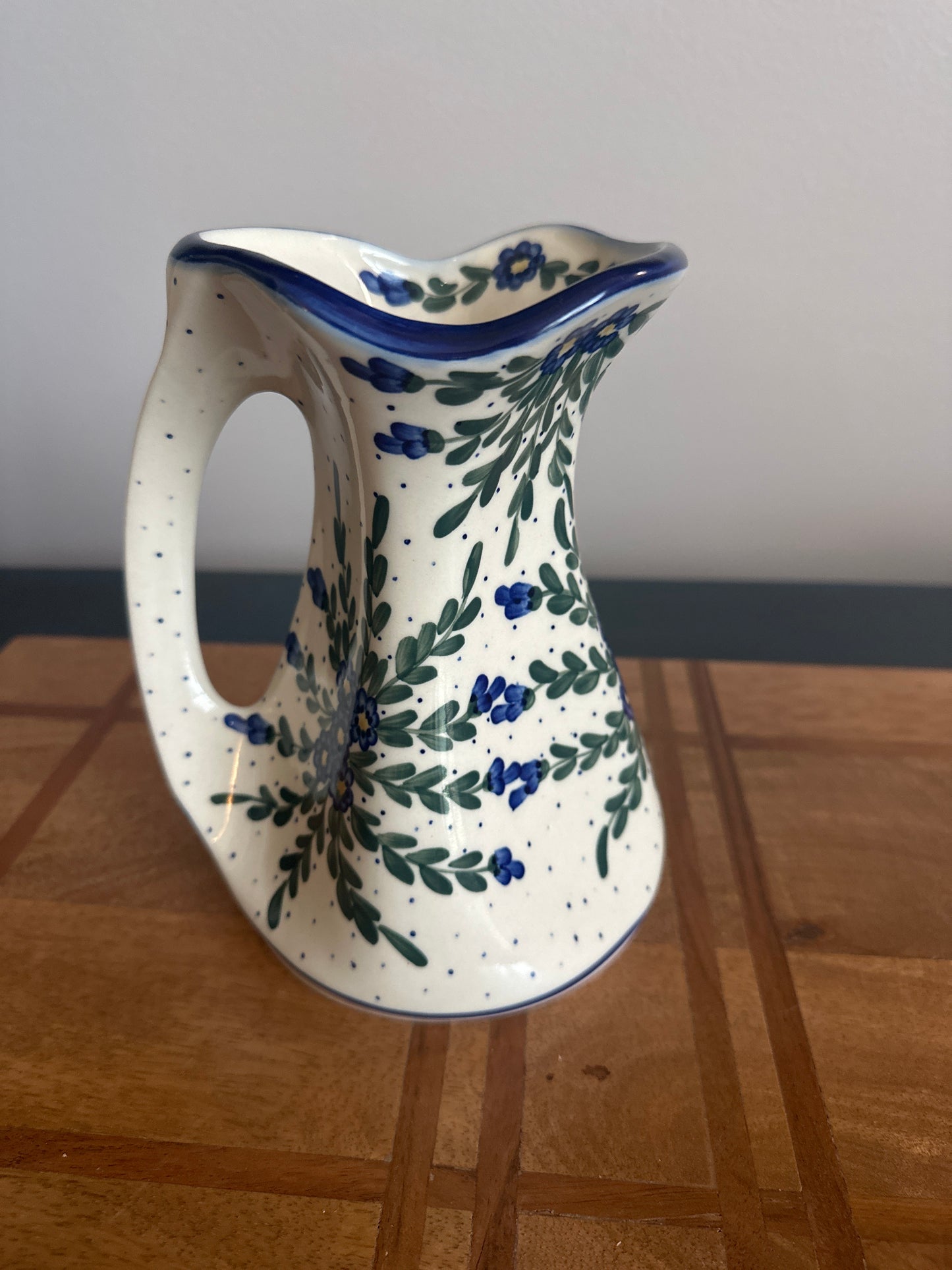 WR Polish Pottery, Signed Unikat, Preowned Blue Floral Pitcher