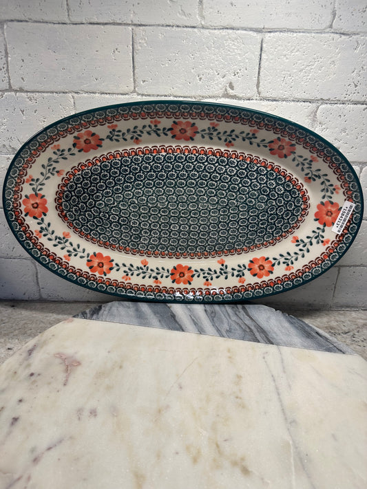 Ceramika Artystyczna Polish Pottery, Orange Floral, XL Long Oval Platter, Preowned