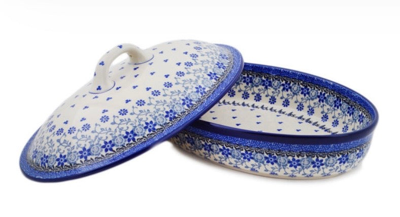 Ceramika Artystyczna, First Snow, Oval Baker with Cover 12"