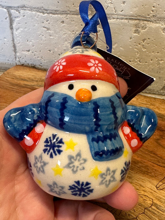 Kalich, White Hat with Red Band, Blue Striped Scarf, Snowman Ornament