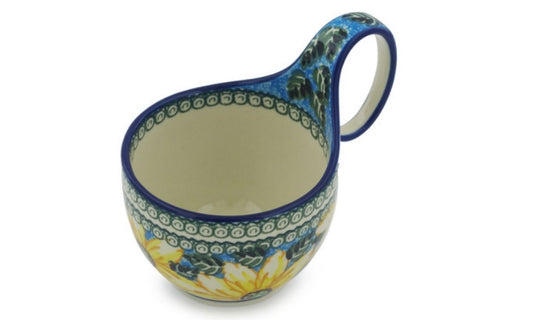 Ceramika Artystyczna Polish Pottery, Unikat Black Eyed Susan, Loop Soup Mug/Bowl 16 oz