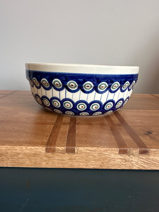 Zaklady Polish Pottery, Traditional Peacock Pattern, Preowned, 7.75" Straight Serving Bowl