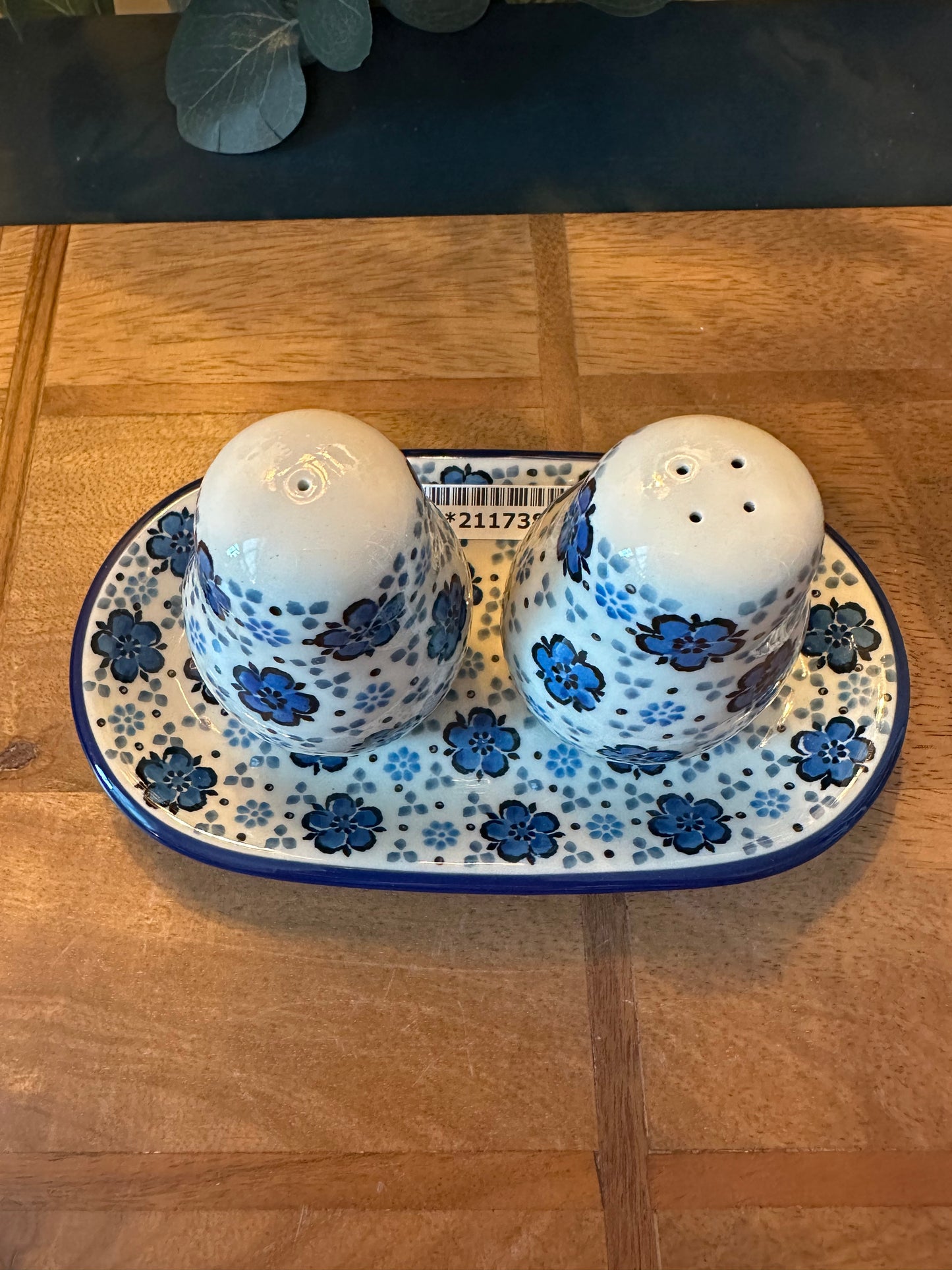Ceramika Artystyczna Polish Pottery, Flowing Blues, Salt & Pepper 3 Piece Set
