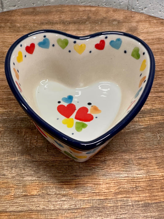 Ceramika Artystyczna Polish Pottery, Unikat 4833, Colored Hearts, Heart Shaped Bowl