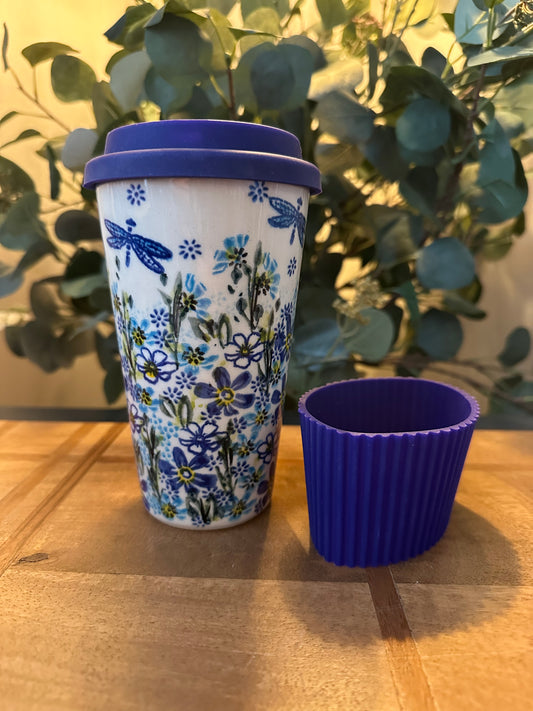Vena Polish Pottery.  Dragonfly Delight Thermal Mug/Tumbler with Lid