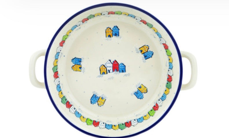 Ceramika Artystyczna, Village In Spectrum, Medium Round Baker with Handles