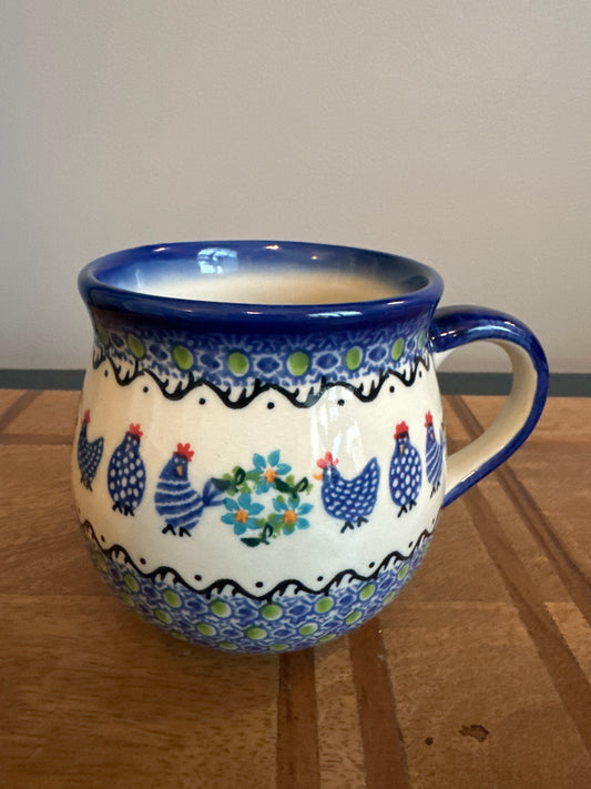 Galia Polish Pottery Blue Chickens 16 oz Bubble Mug