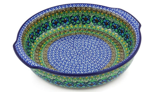 Ceramika Artystyczna, Mardi Gras, Round Baker with Handles, 10.25"