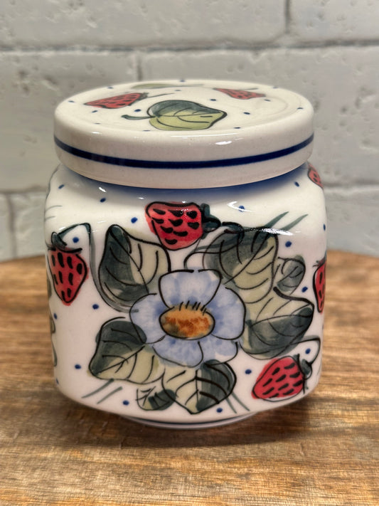 W.R. Polish Pottery, Unikat Strawberry Blossom, Square Small Covered Container