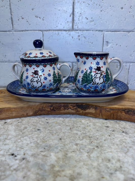 Ceramika Artystyczna Polish Pottery,Unikat 4661, Dancing Snowman Sugar & Creamer w/Plate Set