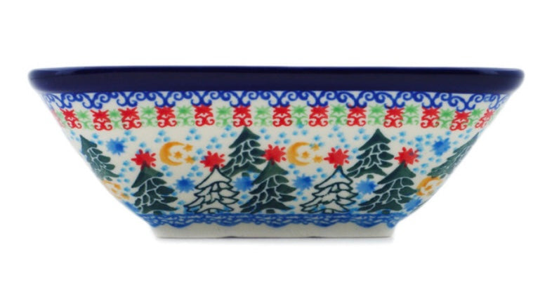 Ceramika Artystyczna Polish Pottery, Unikat U4, Glowing Christmas Trees, Square Bowl