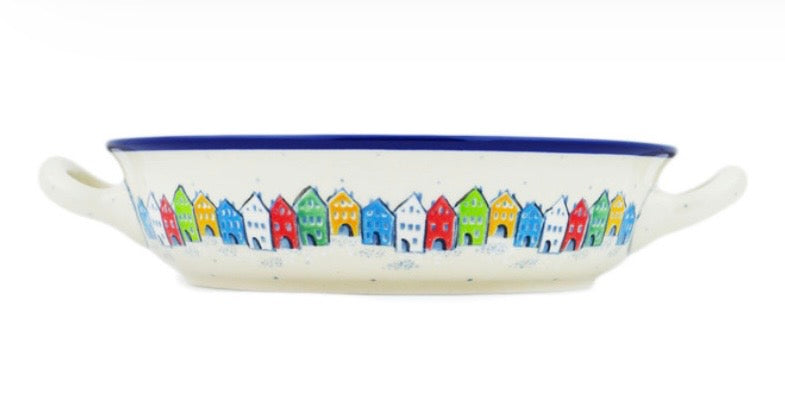 Ceramika Artystyczna, Village In Spectrum, Medium Round Baker with Handles