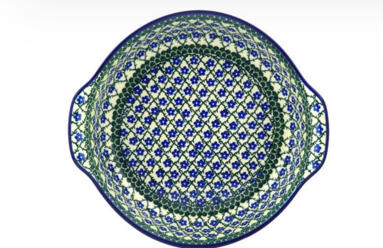 Ceramika Artystyczna, Blue Daisy Trellis, Round Baker with Handles 10"