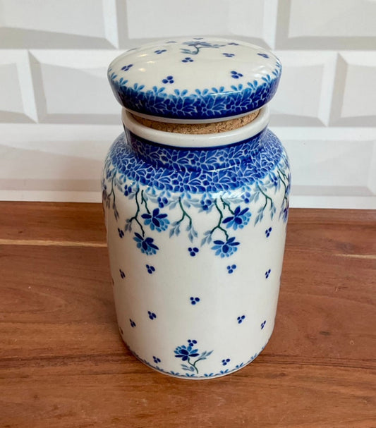 Ceramika Artystyczna Polish Pottery, Blue Floral Sealed, Covered, Jar