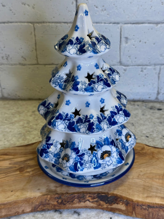 Ceramika Artystyczna Polish Pottery, Blue Spring, Christmas Tree Luminary 8"