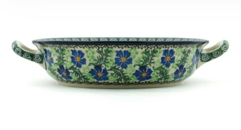 Ceramika Artystyczna, Swirling Emeralds, Medium Round Baker with Handles