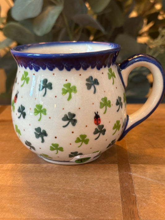 Kalich Polish Pottery, Shamrock With Lady Bugs, Bubble Mug, 12 oz