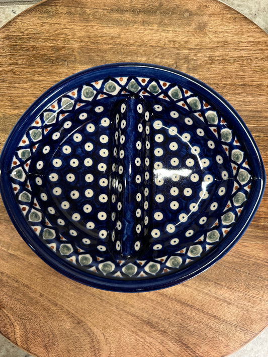 Zaklady Polish Pottery, Traditional X Pattern, Divided Dish, Preowned