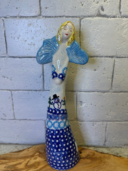 Vena Polish Pottery, Snowman and Tree Dot Rim, Tall Angel, 10.5"