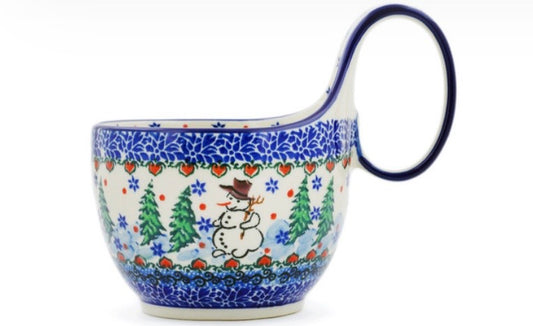 Ceramika Artystyczna Polish Pottery, Unikat 4661, Dancing Snowman, Loop Mug/Bowl